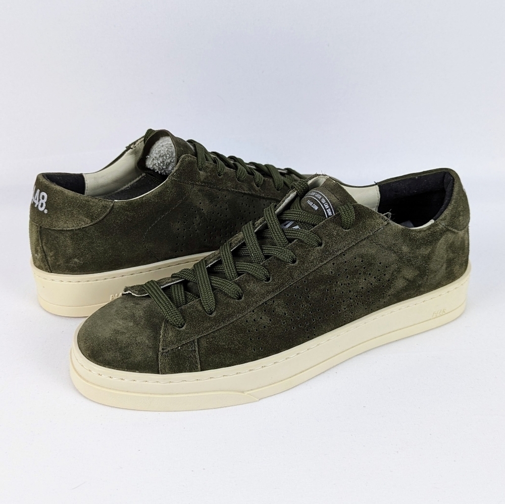 P448 Jack Suede Low Top Sneaker Lace Up Rounded Toe Khaki EU39 US 8-8.5 NIB